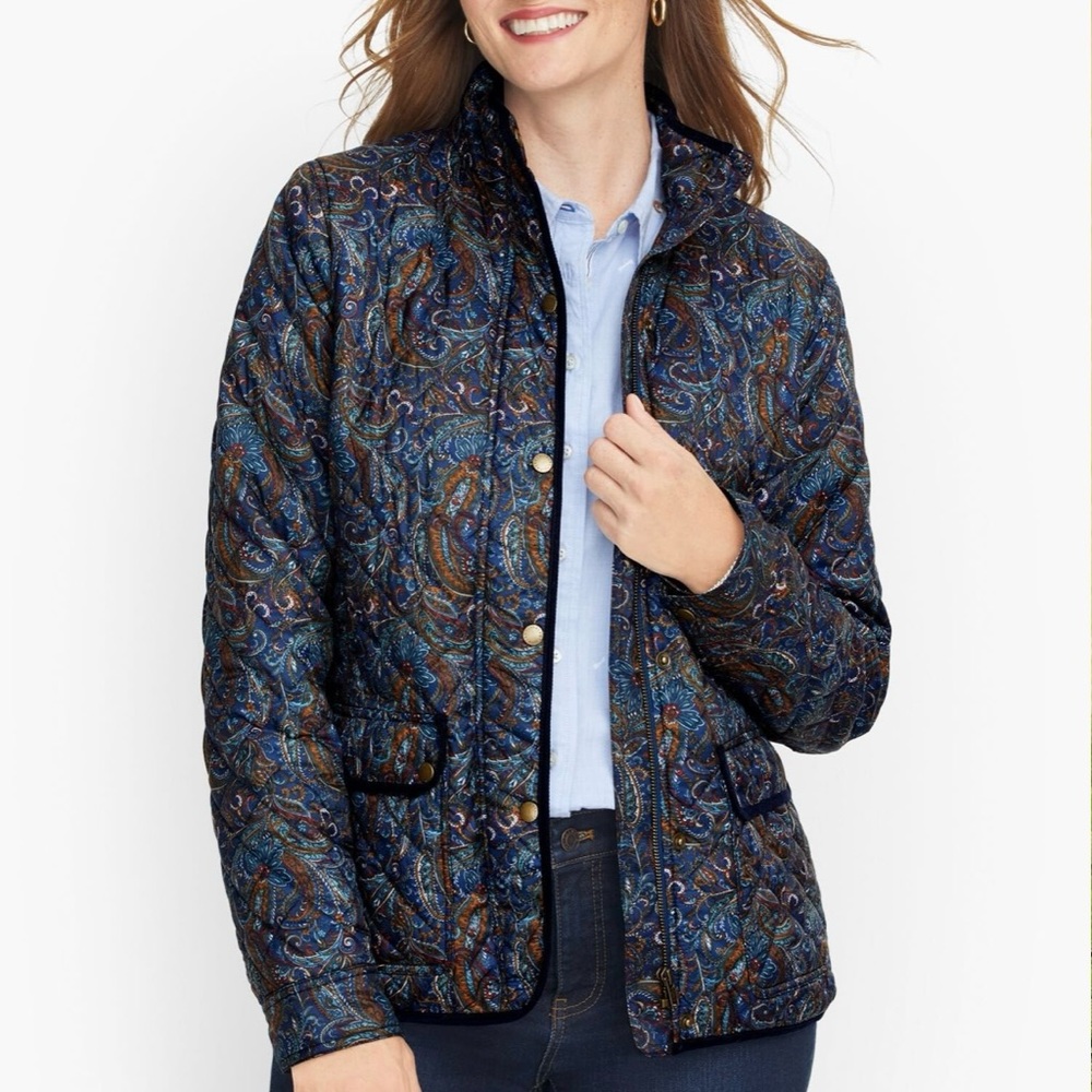Talbots Paisley Quilted Field Jacket Blue Brown Multi Size small